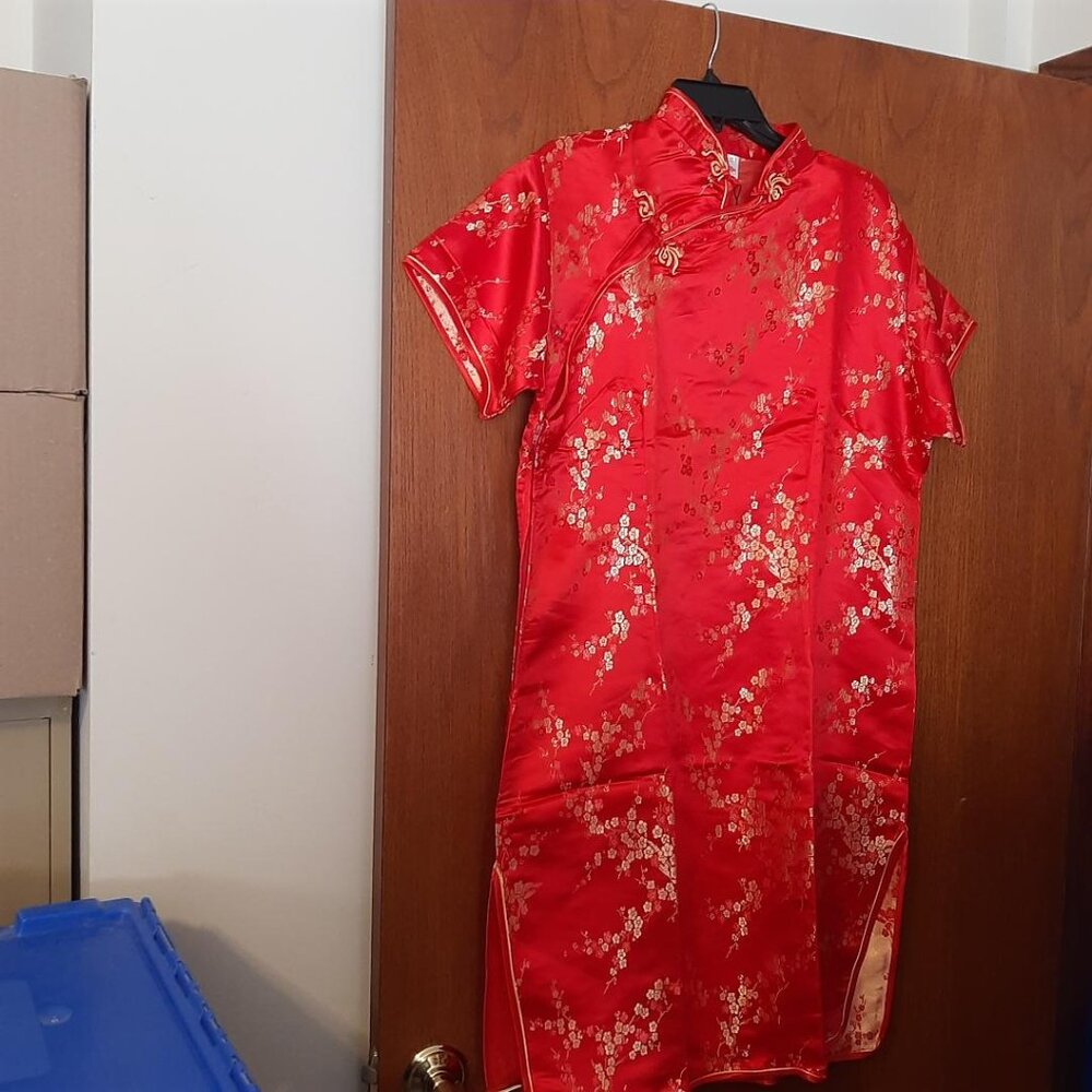 NEW ! Laogudai Ancient Chinese Silk Dress Short Sleeve Long Length(QiPao)Red 6XL